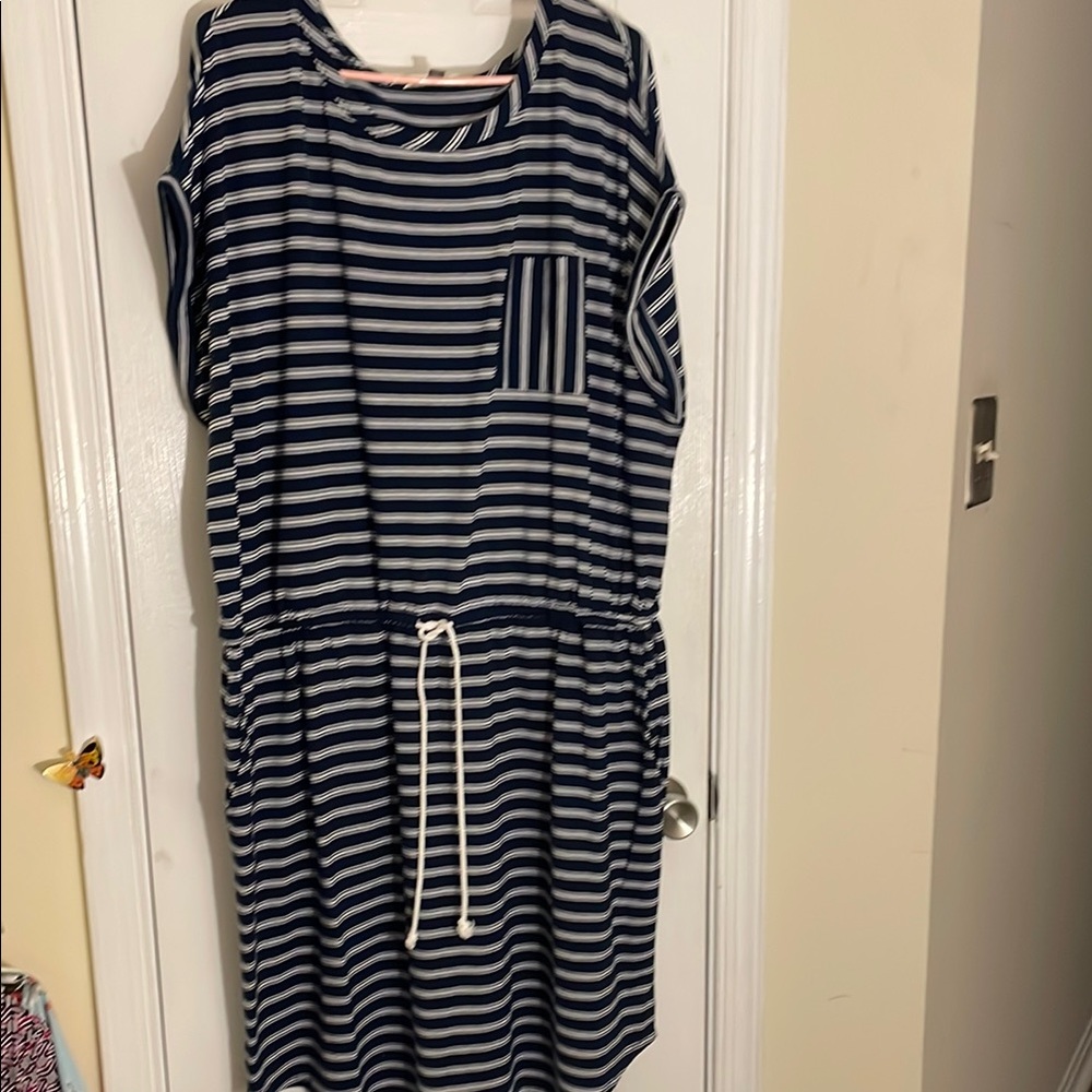 Navy/White Striped Cuffed Cap Sleeves Drawstring Waist Pockets Dress 2X